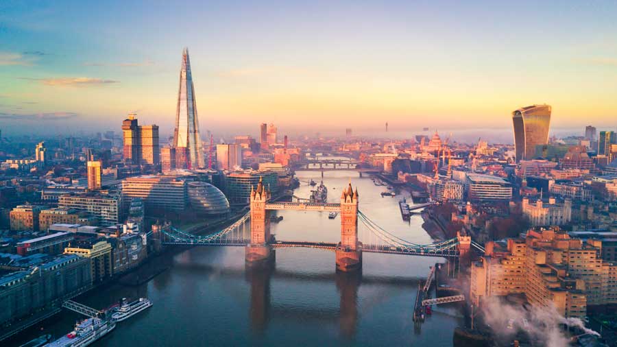 Aerial view of London and the Tower Bridge