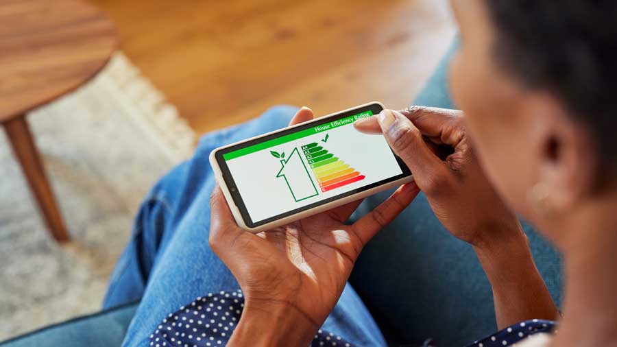 A woman looks at her home's energy efficiency on a phone