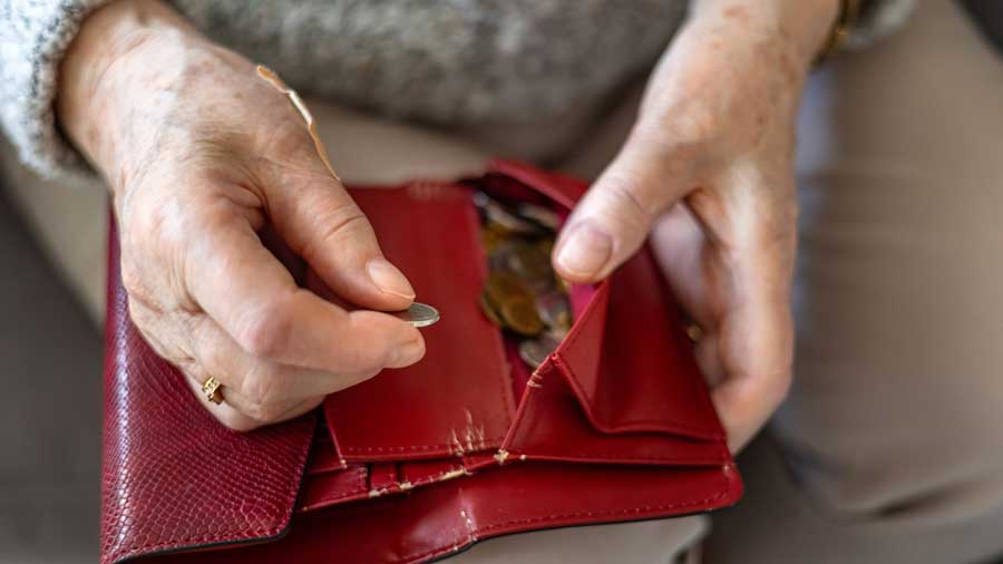 Close-up of an elderly woman’s hands holding a wallet with coins