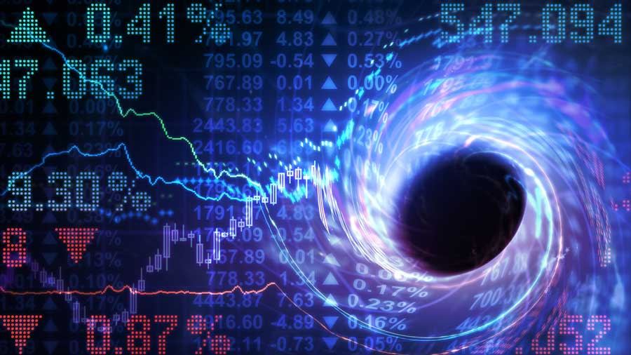 Financial symbols disappearing into a black hole